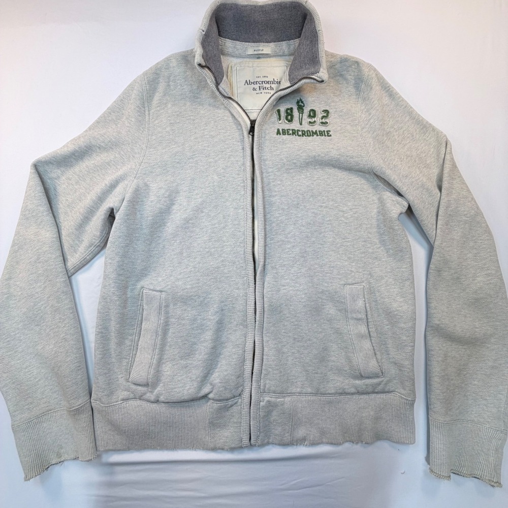 Abercrombie & Fitch Mens XXL Gray Muscle Full Zip Sweatshirt 1892 Distressed Y2K